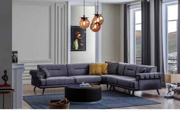 Divano d'angolo grigio esclusivo a L, divano design moderno per soggiorno.