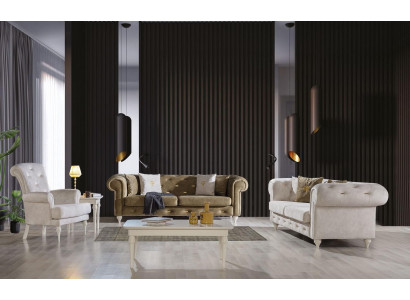 Elegante set da salotto composto da un divano a tre posti, un divano a due posti, un lussuoso poltrona e un divano.