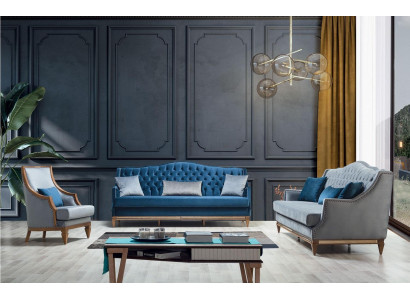 Moderno set di divani Chesterfield blu, design tre posti con poltrona di lusso.