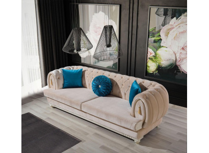 Beige Chesterfield divano imbottito Designer tre posti in tessuto divano.