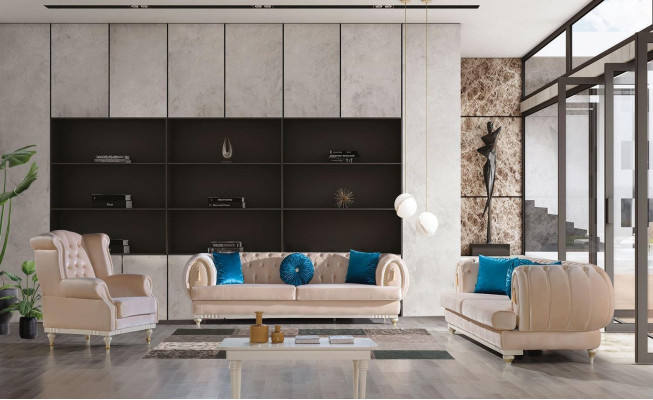 Beige Chesterfield divano imbottito Designer tre posti in tessuto divano.