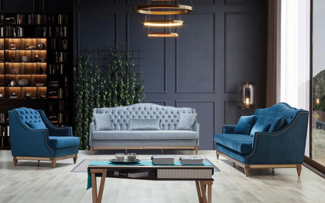 Sofà Chesterfield blu a tre posti per il relax in stile lounge per il soggiorno, a tre posti.