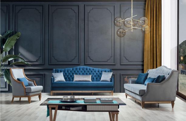 Lussuosa poltrona Chesterfield blu per il salotto, design living, mobili designer nuovi
