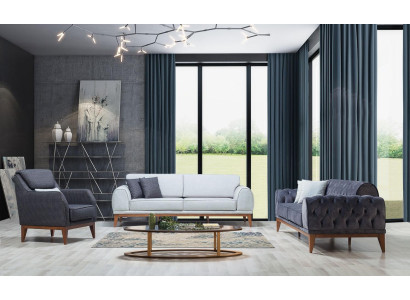 Grigia poltrona imbottita a un posto con braccioli, poltrona da salotto, sedia di design.