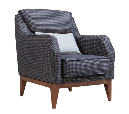 Grigia poltrona imbottita a un posto con braccioli, poltrona da salotto, sedia di design.