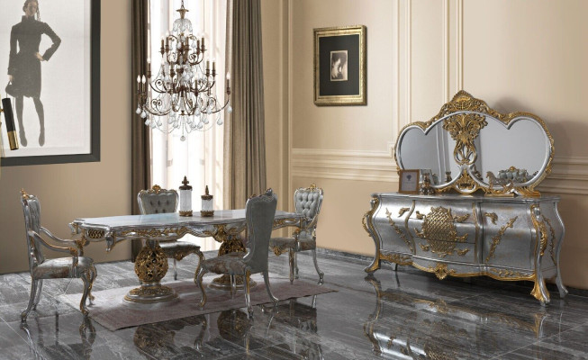 Gruppo di sedute Sala da pranzo Tavolo da pranzo Sedie Legno Set 11 pezzi Grigio Sideboard Barocco