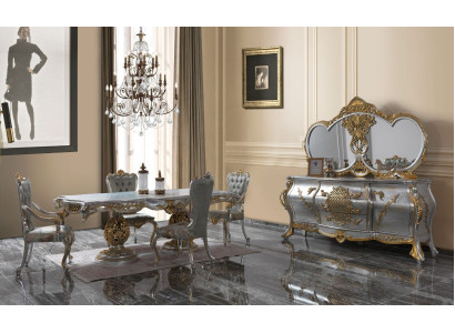 Gruppo di sedute Sala da pranzo Tavolo da pranzo Sedie Legno Set 11 pezzi Grigio Sideboard Barocco