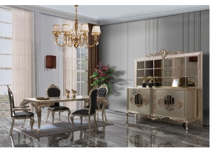 Gruppo da pranzo di lusso con credenza, sala da pranzo, tavolo da pranzo, sedie in legno 10 pezzi beige.