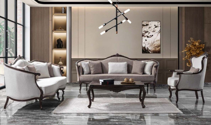 Divano a tre posti, poltrona, divano in stoffa grigia con fodere.