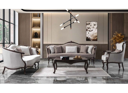 Divano a tre posti, poltrona, divano in stoffa grigia con fodere.