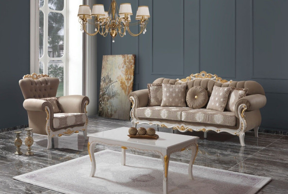 Set divano in tessuto marrone a tre posti con divano, divano e divano letto.