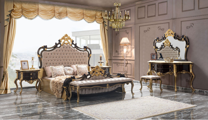 Set da letto matrimoniale Chesterfield di lusso con letto 6 pezzi nero