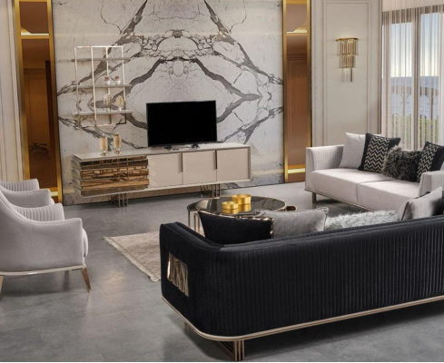 Divano salotto, divano tre posti, poltrona grigia in tessuto, set di divani 4 pezzi