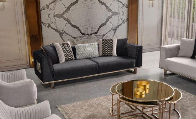 Divano salotto, divano tre posti, poltrona grigia in tessuto, set di divani 4 pezzi