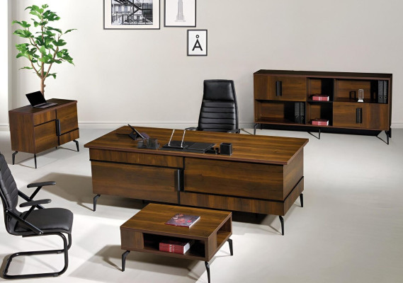 Mobili per lo studio, scrivania da ufficio, scrivania da ufficio, set da 4 pezzi in legno marrone.