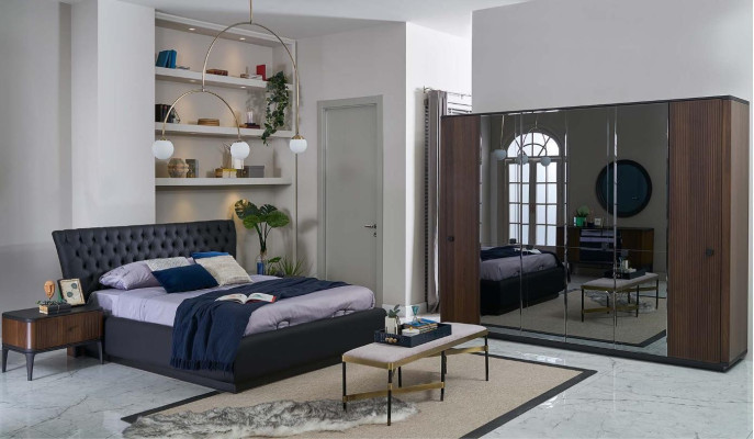 Set di lenzuola per letto matrimoniale 4 pezzi con cornice del letto nero nuovo