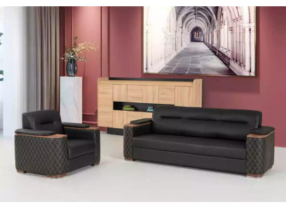 Divano nero con divano a tre posti, poltrona per lo studio di lusso 2 pezzi.