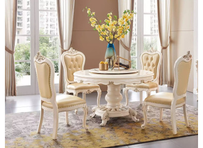 Classico set da sala da pranzo beige chiaro con tavolo da pranzo rotondo di lusso e x4 sedie Chesterfield. Set di 5 pezzi.