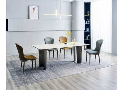 Elegante set da pranzo con tavolo da pranzo di designer e 6 sedie. Set di lusso 7 pezzi.
