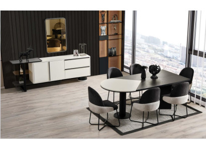 Gruppo da pranzo, tavolo da pranzo, angolo cottura, tavolo da pranzo, sedie 9 pezzi in legno bianco.