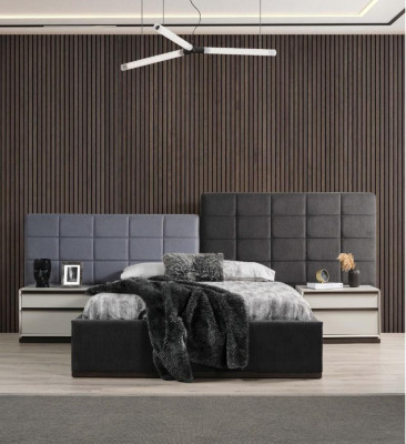 Composizione camera da letto matrimoniale grigia con letto, comodini, armadietto - 4 pezzi.