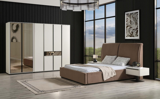 Mobili da camera da letto, set da camera da letto, letto matrimoniale, letto, comodini 3 pezzi beige.