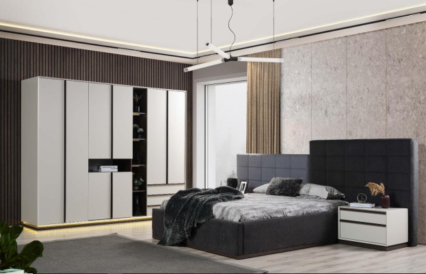 Camera da letto set matrimoniale letto comodini 3 pezzi Grigio Moderno