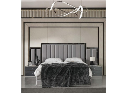 Set da camera da letto matrimoniale con letto e comodini grigi, armadio  Set da camera da letto matrimoniale con letto e comodini grigi, armadio