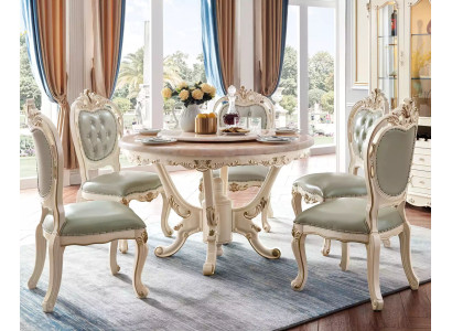 Set da pranzo bianco perla con tavolo da pranzo, 6 sedie e vetrina, set di lusso composto da 8 pezzi