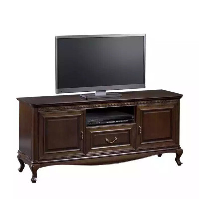 Mobile TV in legno massello marrone con ripiano per TV.