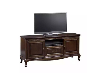 Mobile TV in legno massello marrone con ripiano per TV.