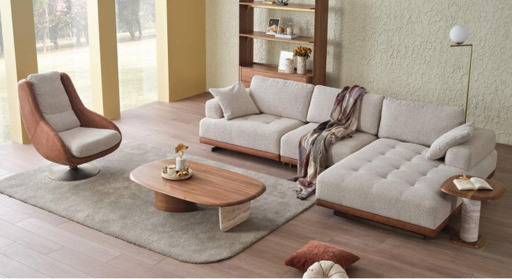 Set soggiorno elegante 2 pezzi. Divano ad angolo di lusso a L + Set di poltrone da designer