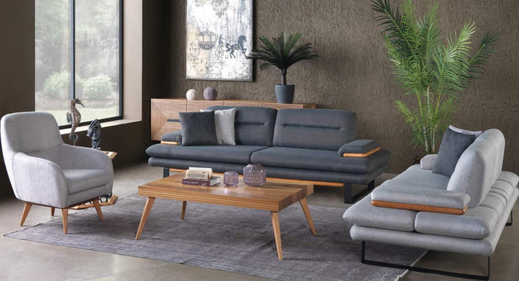 Set di soggiorno moderno composto da divano a 3 pezzi 3+2+1 posti in grigio.