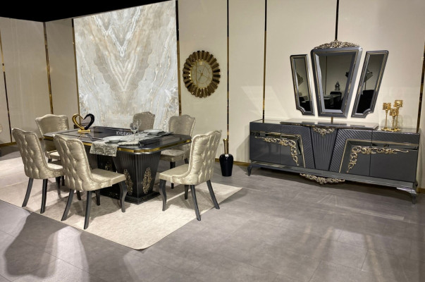 Set da pranzo 9 pezzi. Tavolo da pranzo + 6 sedie Credenza con specchio Grigio nuovo