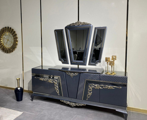 Set da pranzo 9 pezzi. Tavolo da pranzo + 6 sedie Credenza con specchio Grigio nuovo