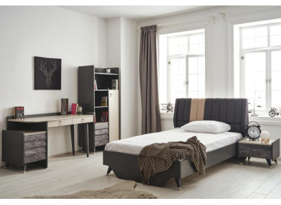 Set da camera da letto di lusso con letto e libreria elegante.