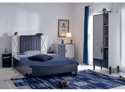 Set da camera da letto di lusso moderno blu con letto, comodino e libreria in legno nuovo 3 pezzi.