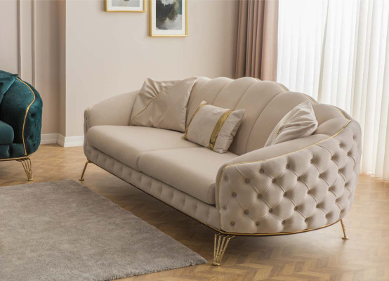 Moderno set di divani Chesterfield colore beige per soggiorno x2 poltrone imbottite a 3 posti