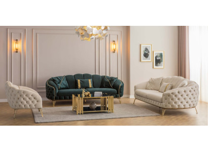 Moderno set di divani Chesterfield colore beige per soggiorno x2 poltrone imbottite a 3 posti