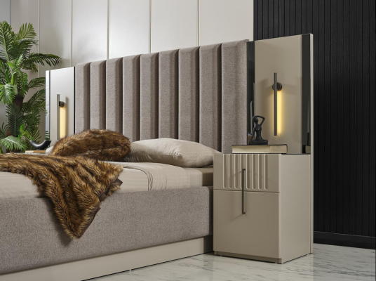 Set da camera da letto moderna con letto matrimoniale creato da designer e 2 comodini esclusivi.