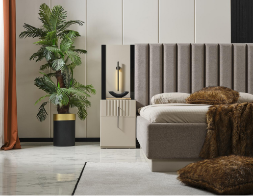 Set da camera da letto moderna con letto matrimoniale creato da designer e 2 comodini esclusivi.