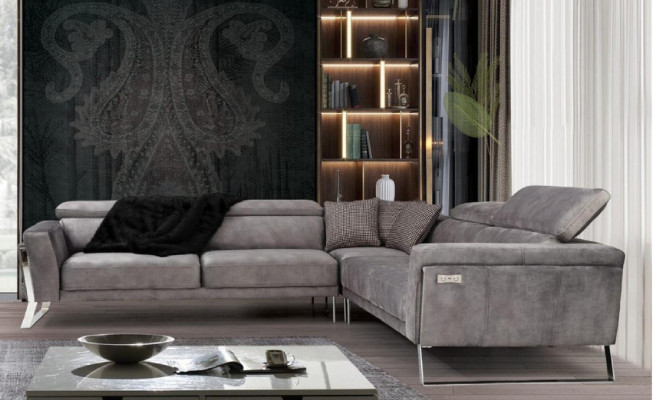 Sofà d'angolo grigio per soggiorno a forma di L, divano grande in tessuto di lusso, mobili nuovi