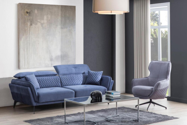 Divano esclusivo Tre posti blu Poltrona design Mobili imbottiti