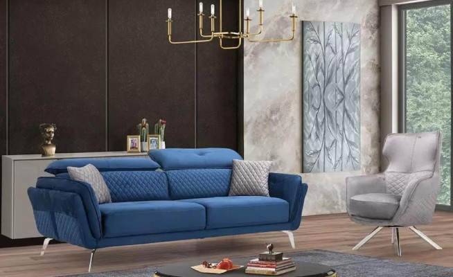 Divano in tessuto blu moderno per soggiorno, tre posti, lusso, divano a tre posti.