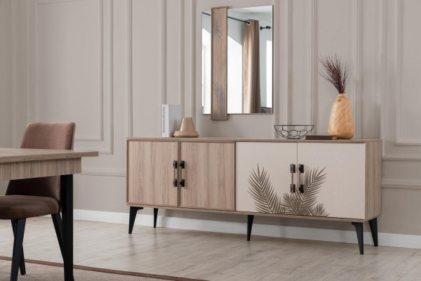 Marrone set da pranzo di lusso: tavolo da pranzo, 4 sedie, credenza, specchio.