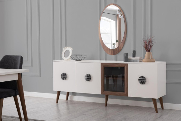 Mobili da sala da pranzo in bianco e nero, sideboard da designer, tavolo da pranzo di lusso, sedie.