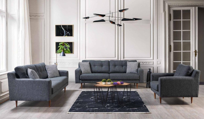 Soggiorno grigio lussuoso set divano 2 divani imbottiti in tessuto