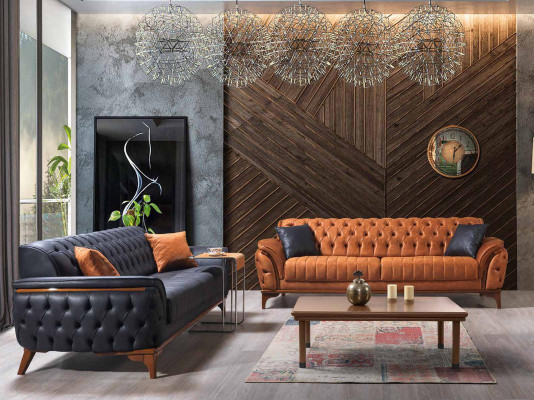 Chesterfield arancione a 3 posti, divano da soggiorno di lusso moderno ed elegante.