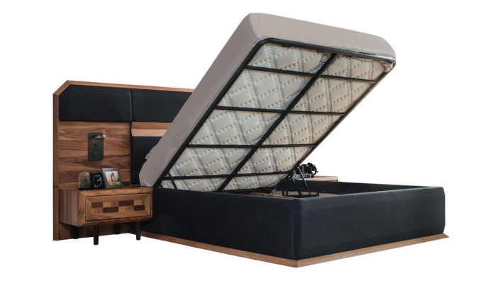 Marrone-nero set da camera da letto in legno, letto matrimoniale con 2 comodini, 3 pezzi.