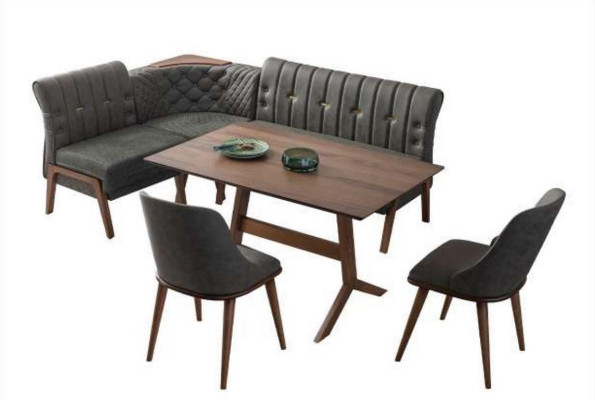 Gruppo da pranzo grigio in legno con tavolo da pranzo, 2 sedie in tessuto e panca angolare, set da 4 pezzi.
